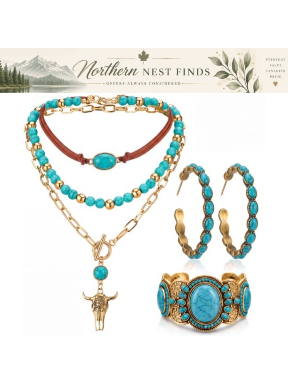 Inbagi 3 Pcs Western Turquoise Jewelry Set Boho Necklace Bracelet Earring